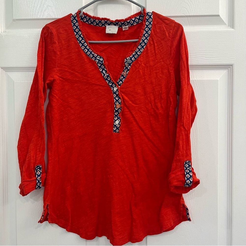 Postage Stamp Anthropologie Red Orange Blue Cotton Women's Top Shirt Blouse